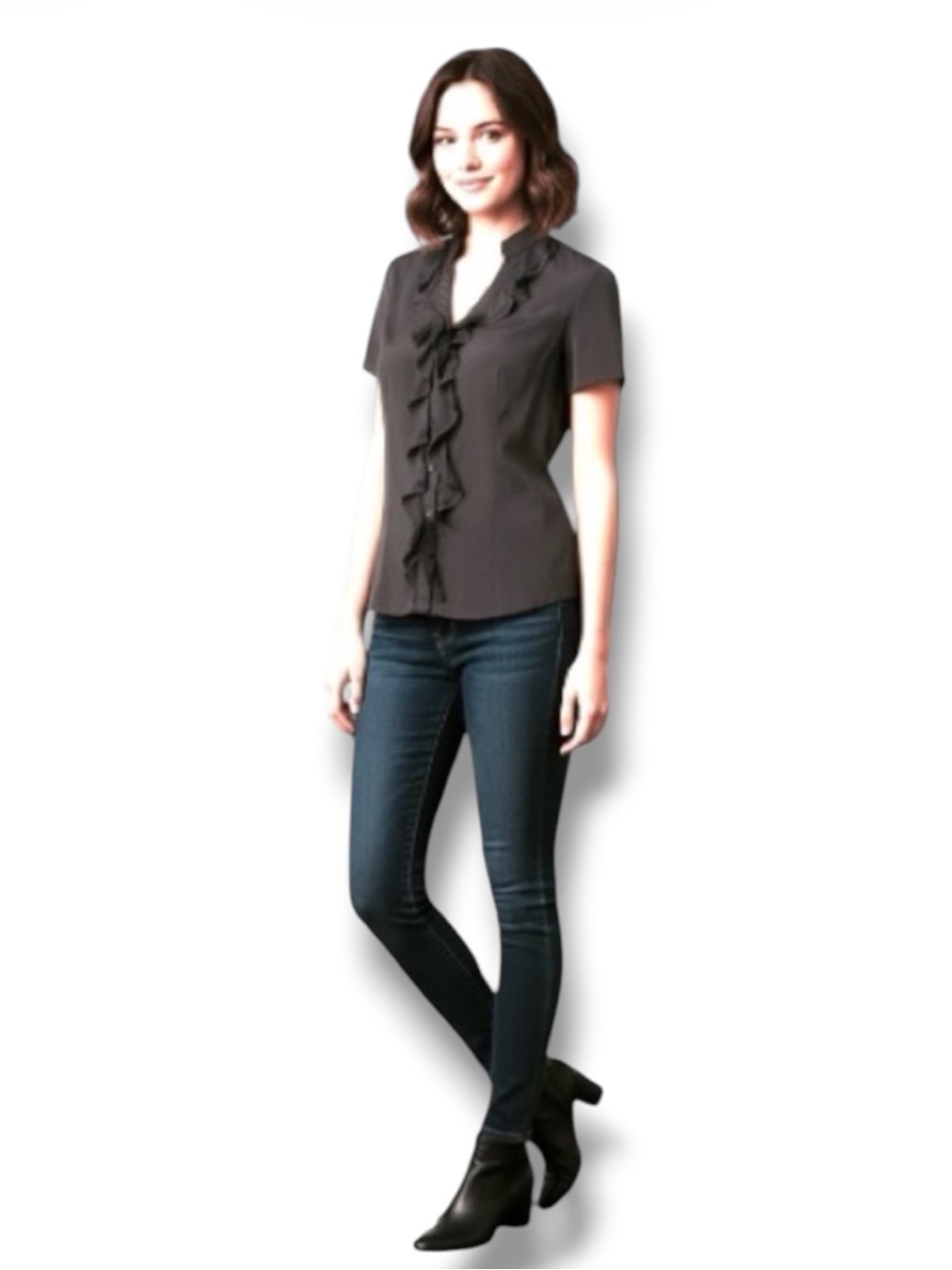 EXPRESS Elite Blouse Vintage Y2K Silky Ruffle Split Neck Gray Metallic Buttons M